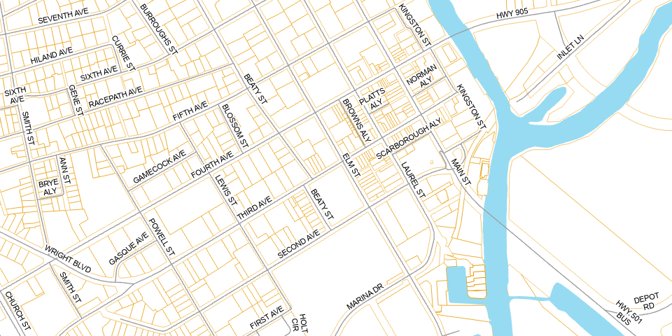 Horry County GIS parcel map of downtown Conway and the Waccamaw River
