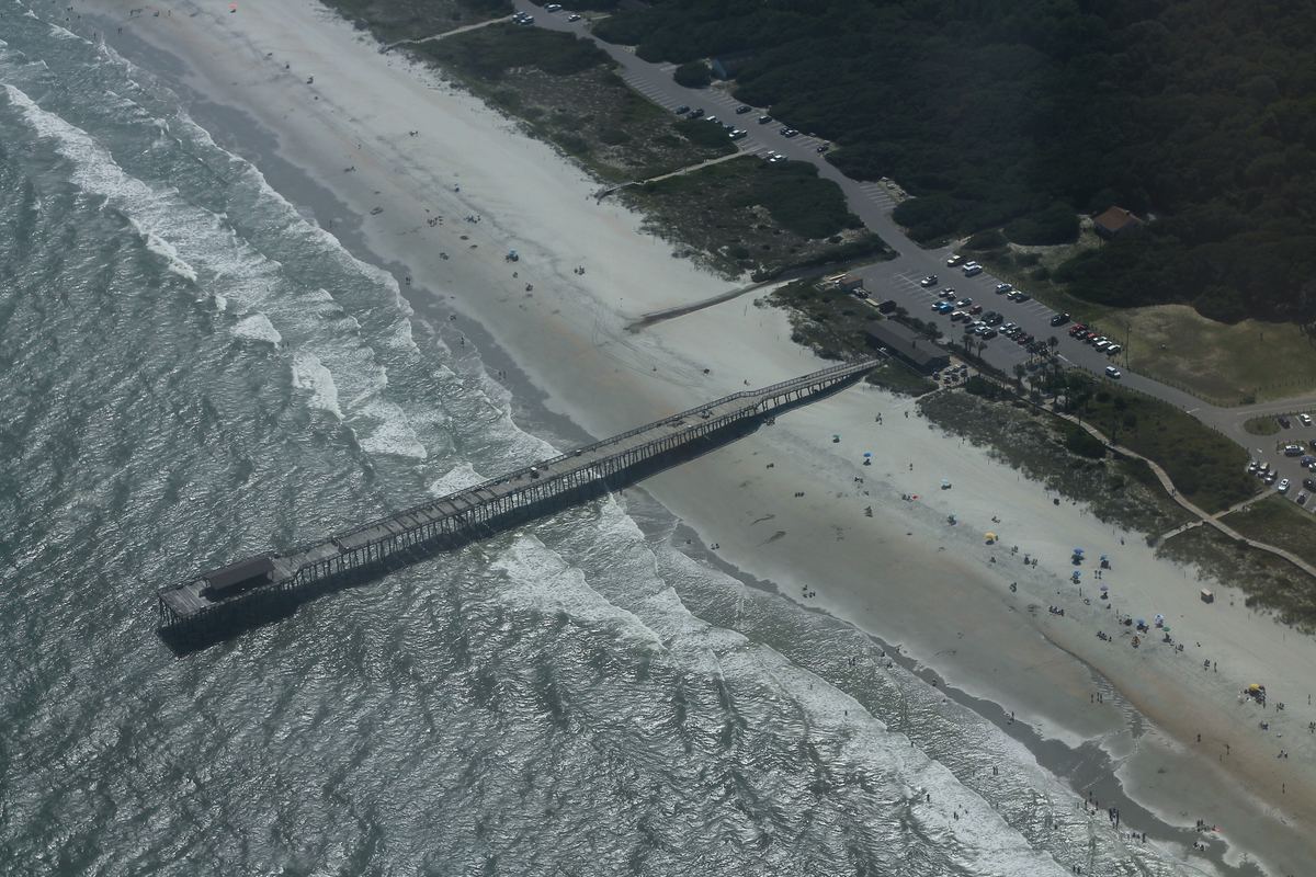 Aerial view of the pier and beach at Myrtle Beach State Park