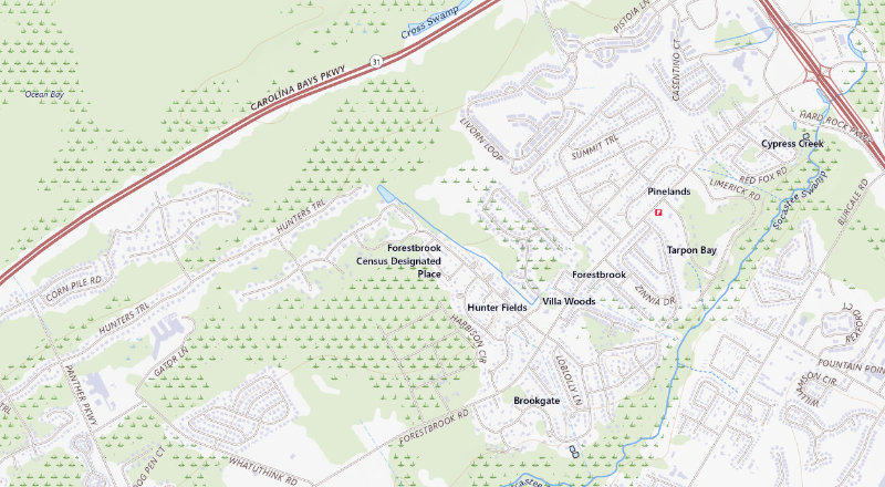 USGS topographic map of the Forestbrook area; not a parcel or school boundary