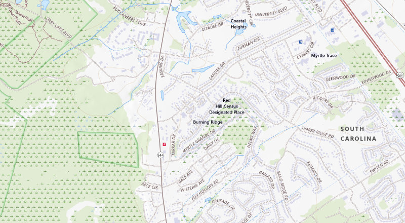 USGS topographic map of the Red Hill area; not a parcel or school boundary
