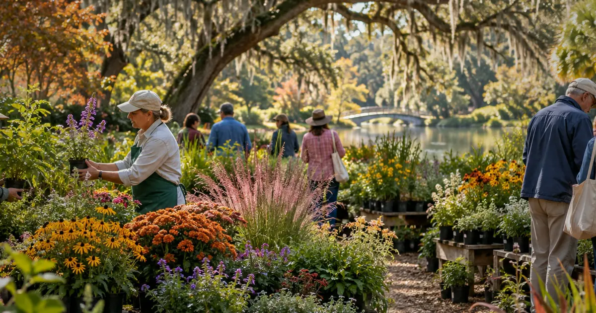 An illustrative fall plant sale in a coastal garden for Harvest Home Weekend