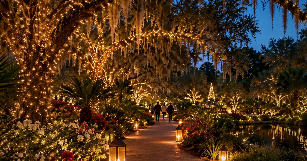 An illustrative botanical garden lit after dark for Dashing Through the Glow