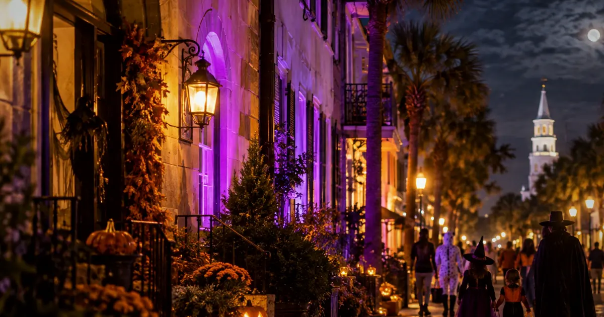 An illustrative family Halloween evening downtown for Graveyard Grand Prix Coffin Races