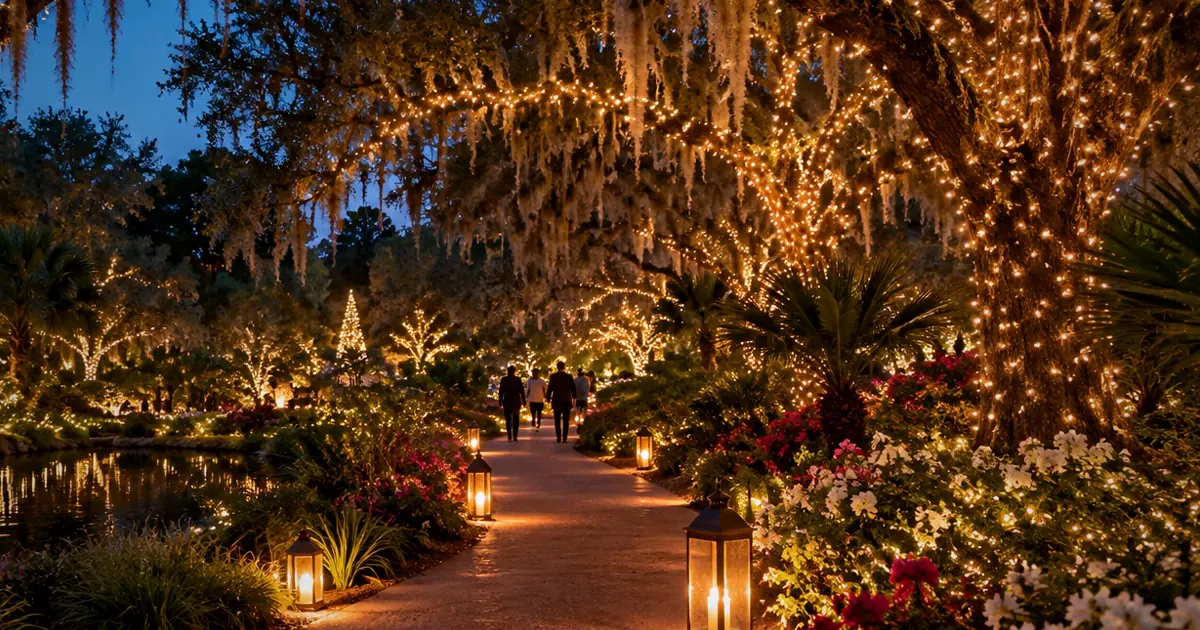 An illustrative botanical garden lit after dark for The Great Christmas Light Show