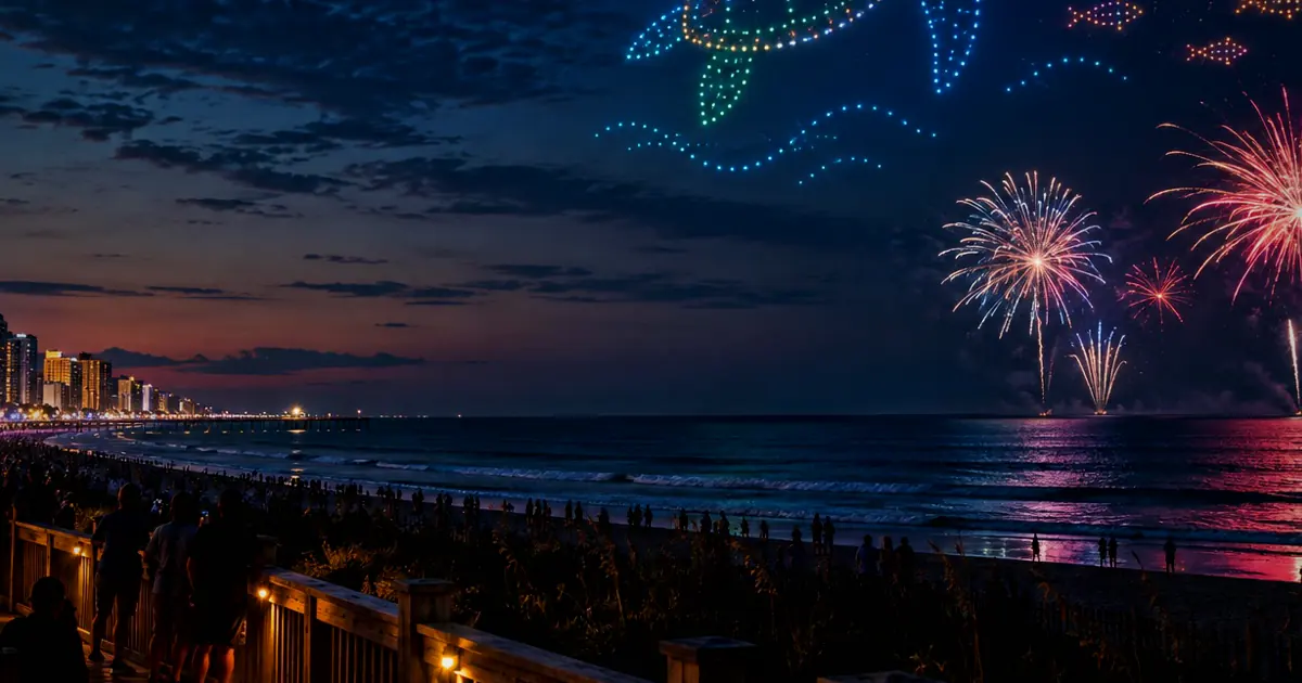 An illustrative waterfront light and fireworks display for Lights by the Sea Drone Show & Concert