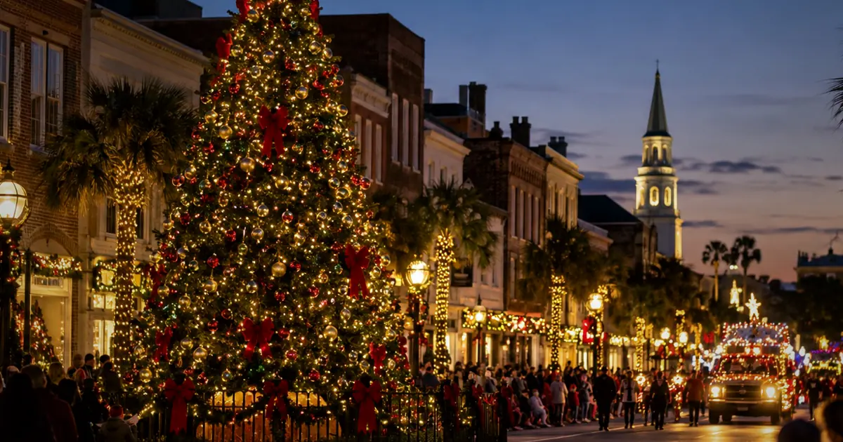 An illustrative downtown holiday lighting and parade for New Year's Eve on the MarshWalk