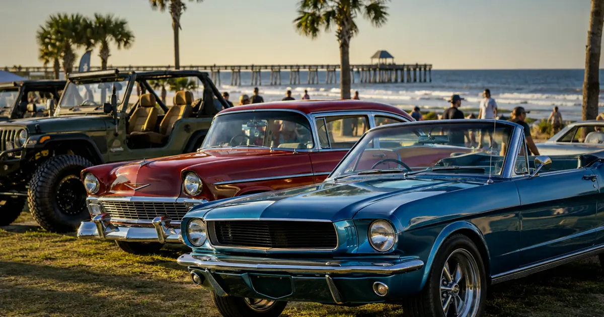 An illustrative coastal vehicle show for Myrtle Beach Jeep Jam