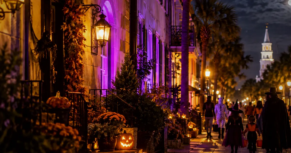 An illustrative family Halloween evening downtown for Halloween BOOnanza