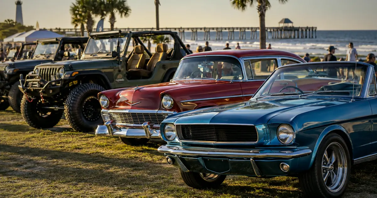 An illustrative coastal vehicle show for Run to the Sun Car Show