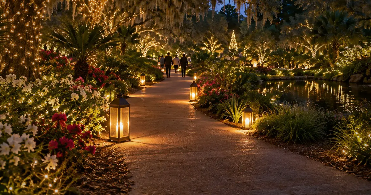 An illustrative botanical garden lit after dark for Summer Light: Art by Night