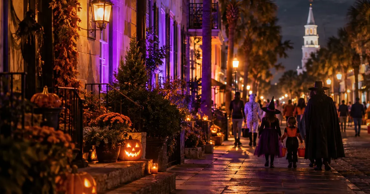 An illustrative family Halloween evening downtown for Witches, Wizards & Wine