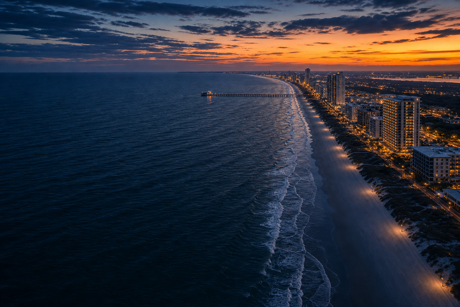Grand Strand coastline and pier at sunset